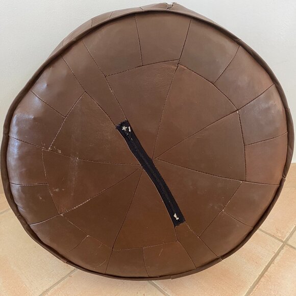 Round Leather Pouf Ottoman - Picture 5 of 7